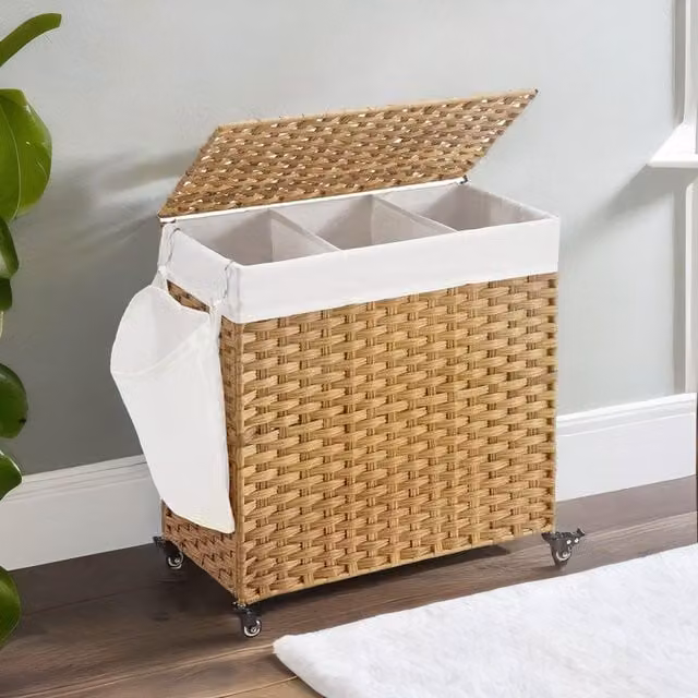 FURNOS 3 Compartment Laundry Basket with Removable Bags and Wheels in Beige, W/D/H: 120 x 60 x 66 cm – 1