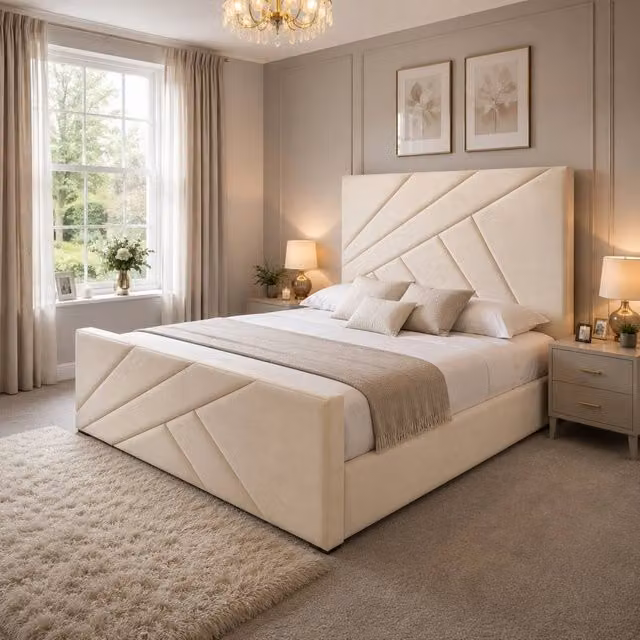 Stratus Interiors Virgo Luxury Geometric Upholstered Bed Frame with Gas Lift Storage in Beige, Size: King (180 x 200 cm)