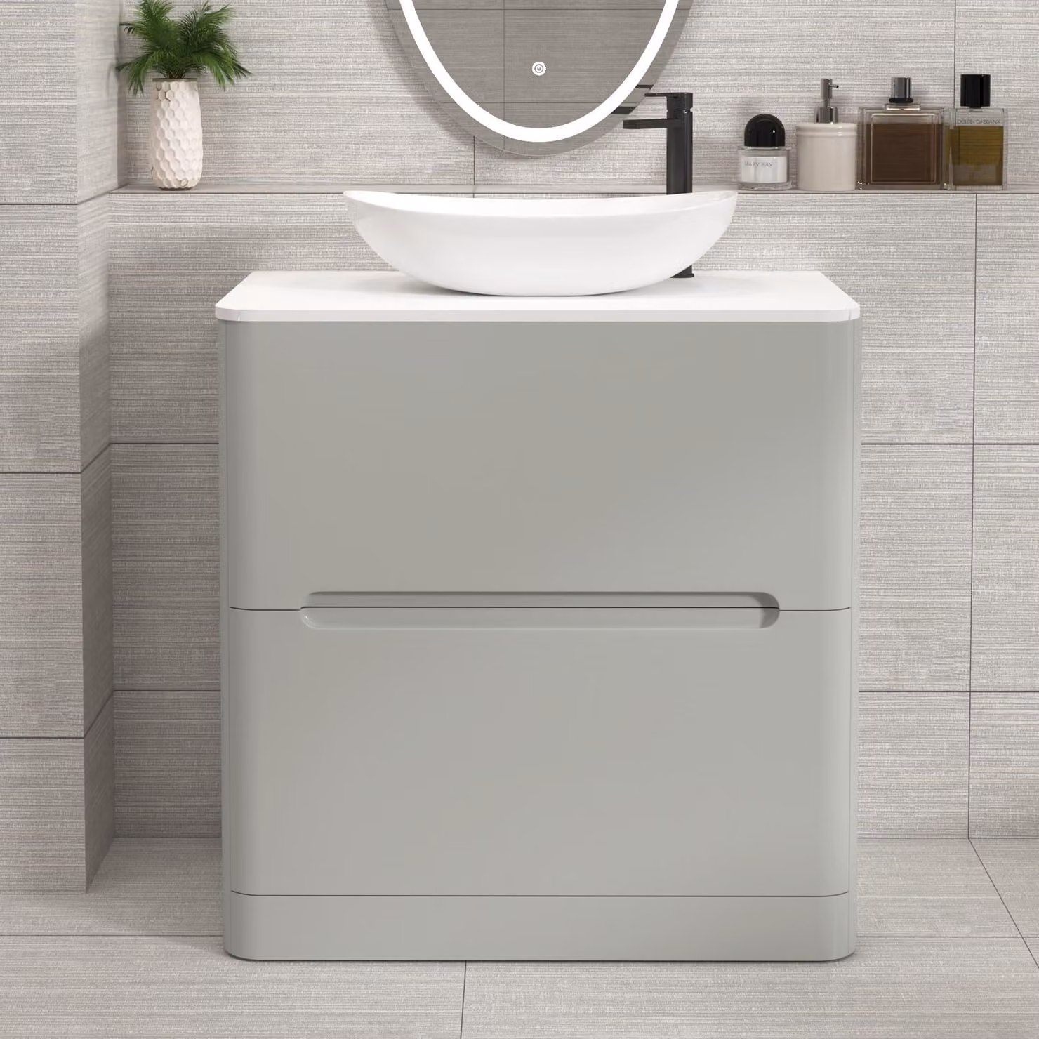 Royal Bathrooms Venice 800mm Floor Standing Vanity Unit in Dove Grey with 2 Drawers, Plain White Worktop and Cesar Basin