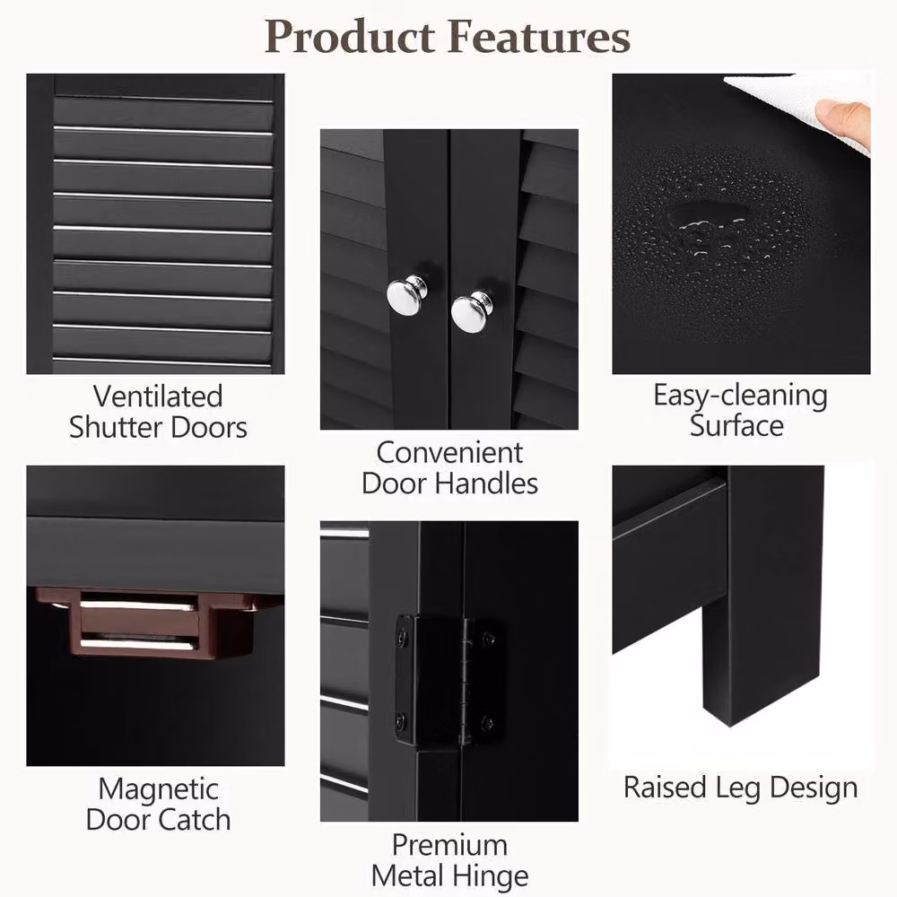 Costway Modern Black Wooden Bathroom Floor Cabinet with Adjustable Internal Shelves and Open Storage Shelf – 8