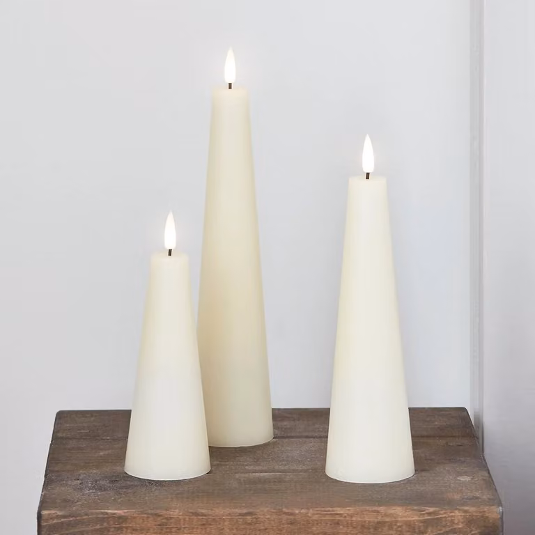 TruGlow® Ivory Cone LED Pillar Candle Trio with Remote Control and Timer, Beige Wax Tabletop Candles with Flicker Effect