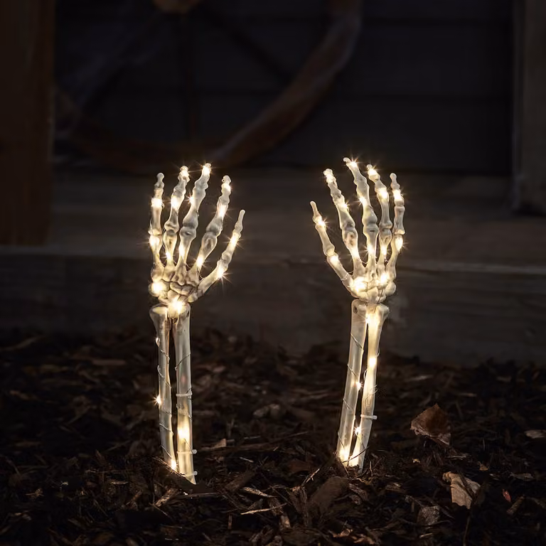 Lights4fun Set of 2 White Skeleton Hand Outdoor Halloween Garden Stake Path Lights, Height: 46 cm