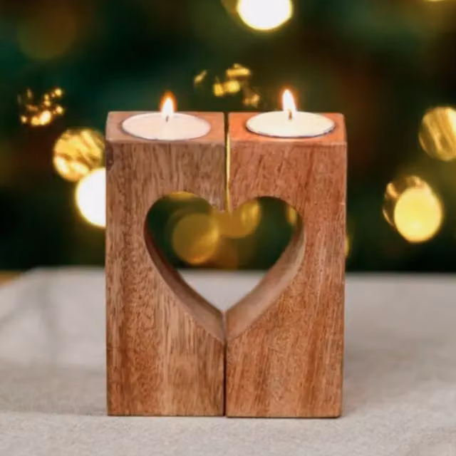 Marco Paul Classic Heart Wooden Tealight Candle Holder in Brown