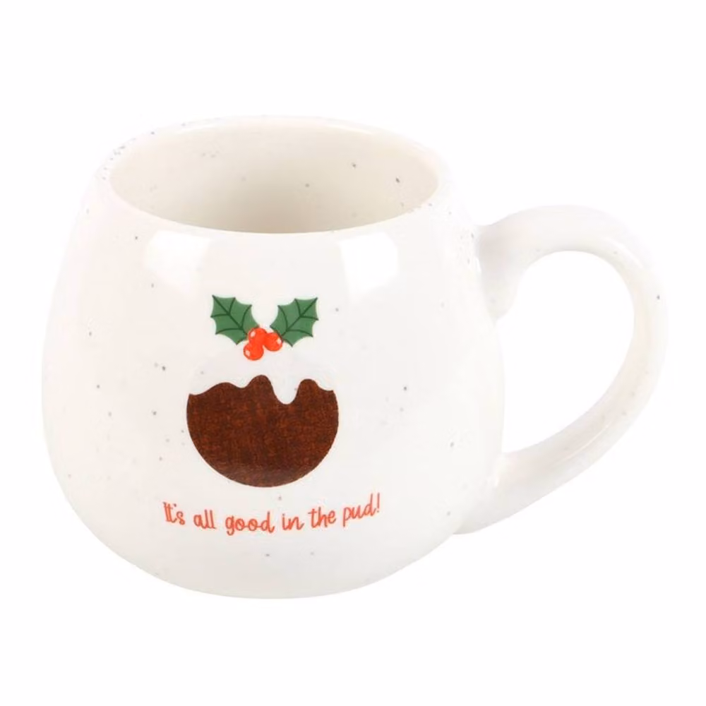 Uniqueful All Good in the Pud Rounded Christmas Ceramic Mug in White, 500 ml – 2