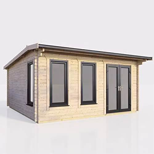 Powersheds Premium Apex Log Cabin in Anthracite with Double Doors, EPDM Rubber Roofing and Toughened Glass Windows (Right Orientation Door)