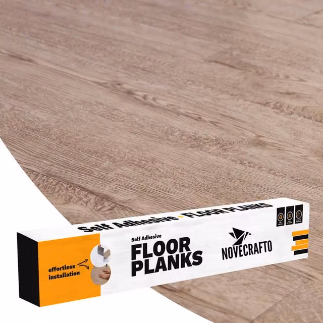 Novecrafto Self Adhesive Wood Look Vinyl Floor Planks, Pack of 10, Light Oak Brown and Beige, W: 91.4 cm, H: 15.2 cm