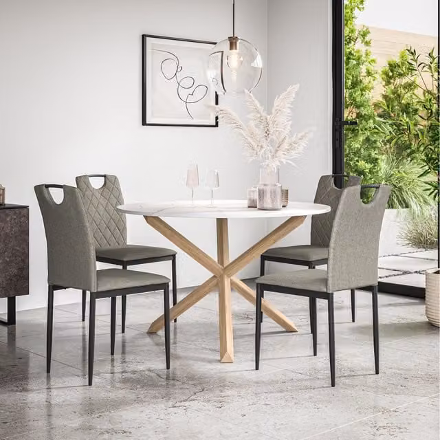 More4Homes Malvern Round Marble Effect Dining Table Set with Oak Legs, Grey and White, Diameter: 120 cm, Height: 75 cm, Includes 4 Chairs