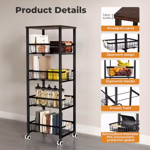 Levede Black Metal Stackable Wire Storage Baskets and Multi-Layer Kitchen Organiser Cart with Wheels and Pull-Out Drawer, H 108 x W 48 x D 28 cm – 3