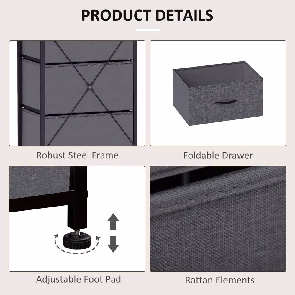 Wyld Haus Ralora 5 Drawer Dresser in Dark Grey Fabric with Steel Frame – 6