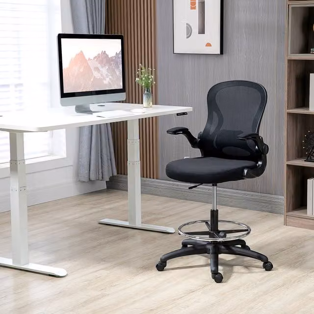 Vinsetto Black Fabric Draughtsman Chair with Foot Ring and Armrests
