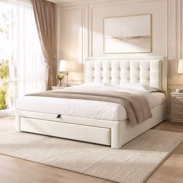 STILVORA Upholstered Double Bed with Lift Up Storage Base in Beige – 1