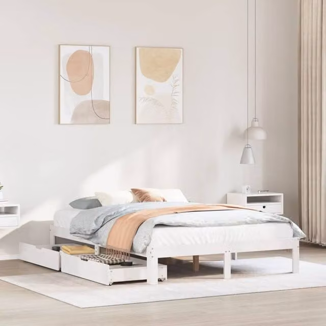 Berkfield Home Small Double Bed Frame with Drawers in White Pine Wood, W/D/H: 120 x 190 cm