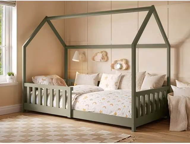 Flair Explorer Single Wooden Playhouse Floor Bed with Rails in Green, W/D/H: 90 x 190 cm