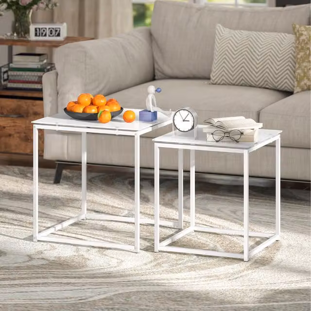 HOMCOM Nest of 2 Modern Square Side Tables with Glossy Glass and Metal Tops in White and Black