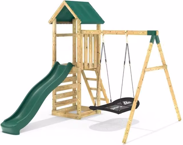 Rebo Wooden Climbing Frame with Single Swing, Play Tower and Slide in Green
