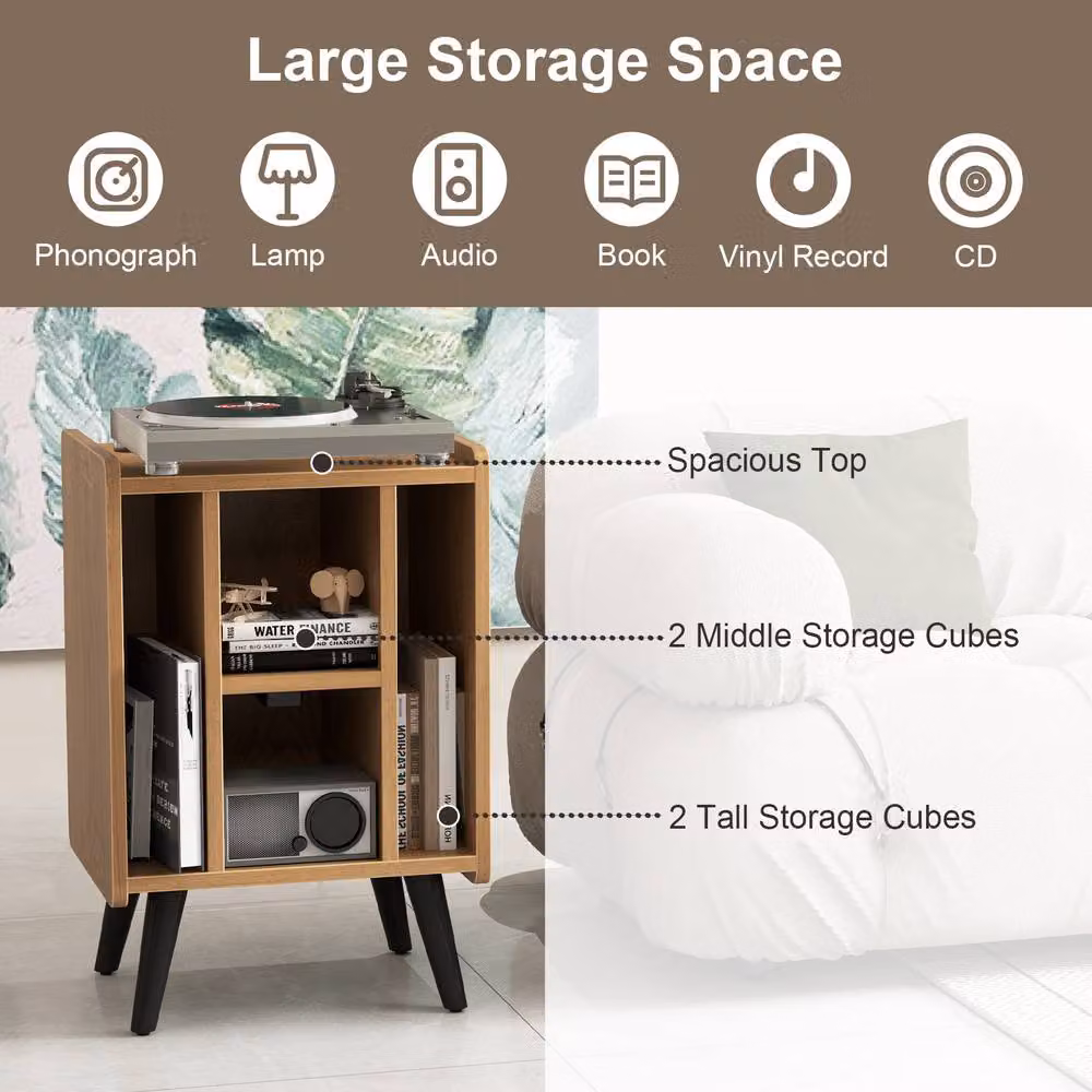 Gymax Raised Record Player Stand with Charging Station in Light Oak – 6