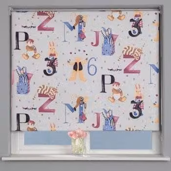 Terrys Alphabet Blackout Roller Blind, White and Multicolour Graphic Design for Children, UV Resistant Polyester