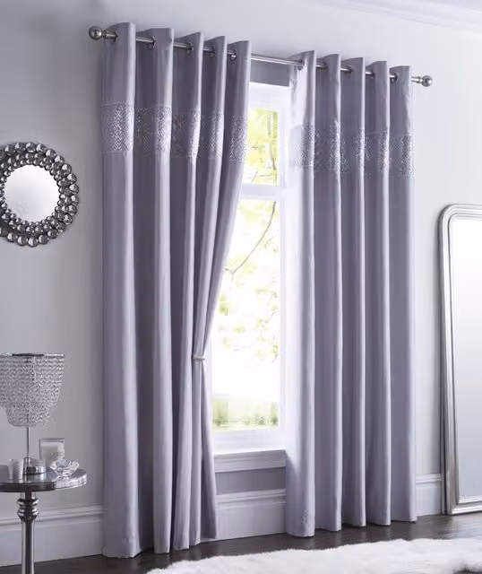 Terrys Shimmer Ready Made Eyelet Curtains in Silver Grey Satin Fabric