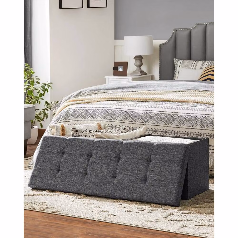 KORVIXA Grey Chesterfield Fabric Storage Ottoman, W/D/H: 100 x 100 x 38 cm – 3