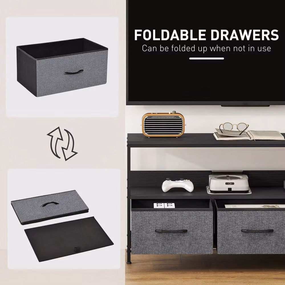 VOGREX Black Modern TV Console with 3 Foldable Linen Drawers and Media Compartments – 3