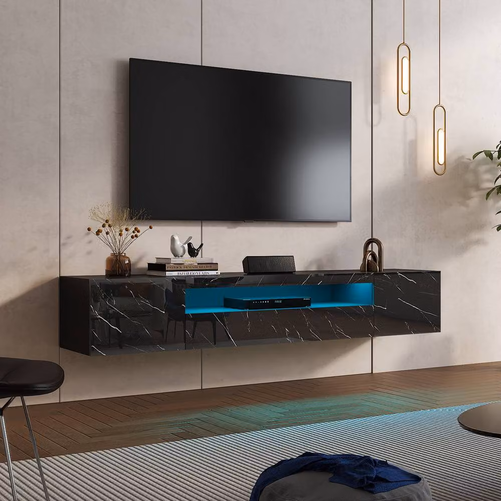 KEEPREAPER Wall-Mounted Modern Marble Finish TV Stand and Storage Cabinet in Black – 2