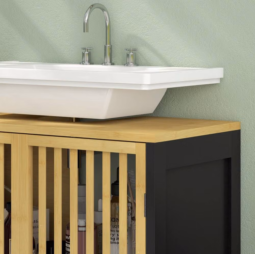 STILVORA Under Sink Bathroom Cabinet with Adjustable Internal Shelves in Sand and Brown Bamboo – 5