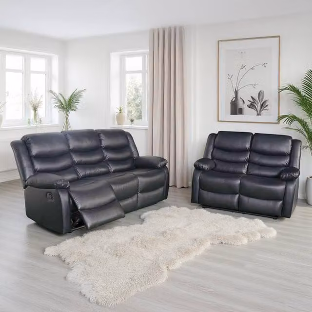 Furnishings For Less UK Cortland 3 + 2 Seater Sofa Suite in Black Synthetic Leather with Manual Reclining