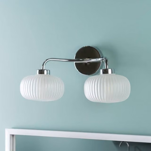 ValueLights Amaia Pair of Chrome 2 Way Frosted Glass IP44 Wall Lights with Bulbs in Metallic Silver – 1