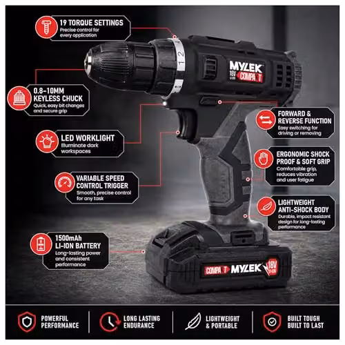 Mylek 18V Cordless Drill and Screwdriver Set with 1500mAh Rechargeable Battery Pack, Black – 2