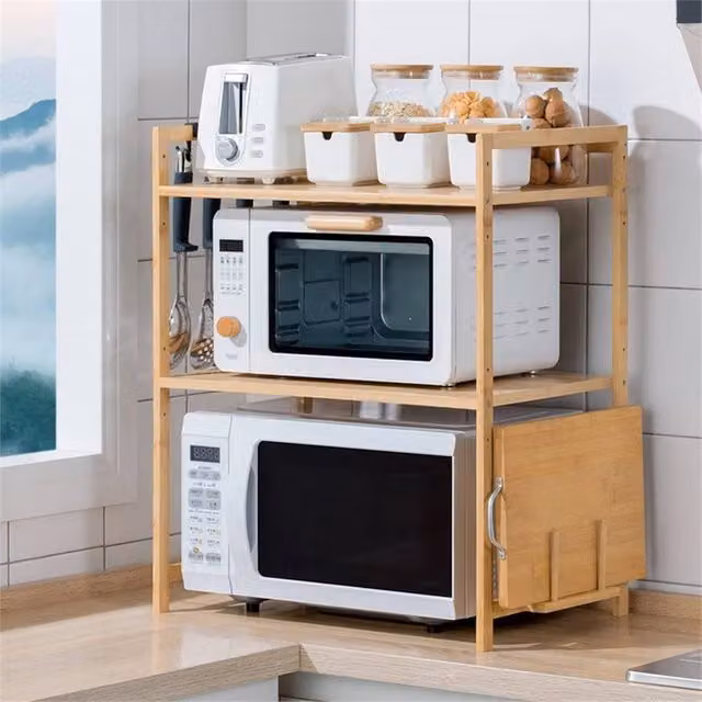 Nordara 2-Tier Bamboo Microwave Stand Rack Organizer with Chopping Board in Brown, W/D/H: 100 x 100 x 67 cm