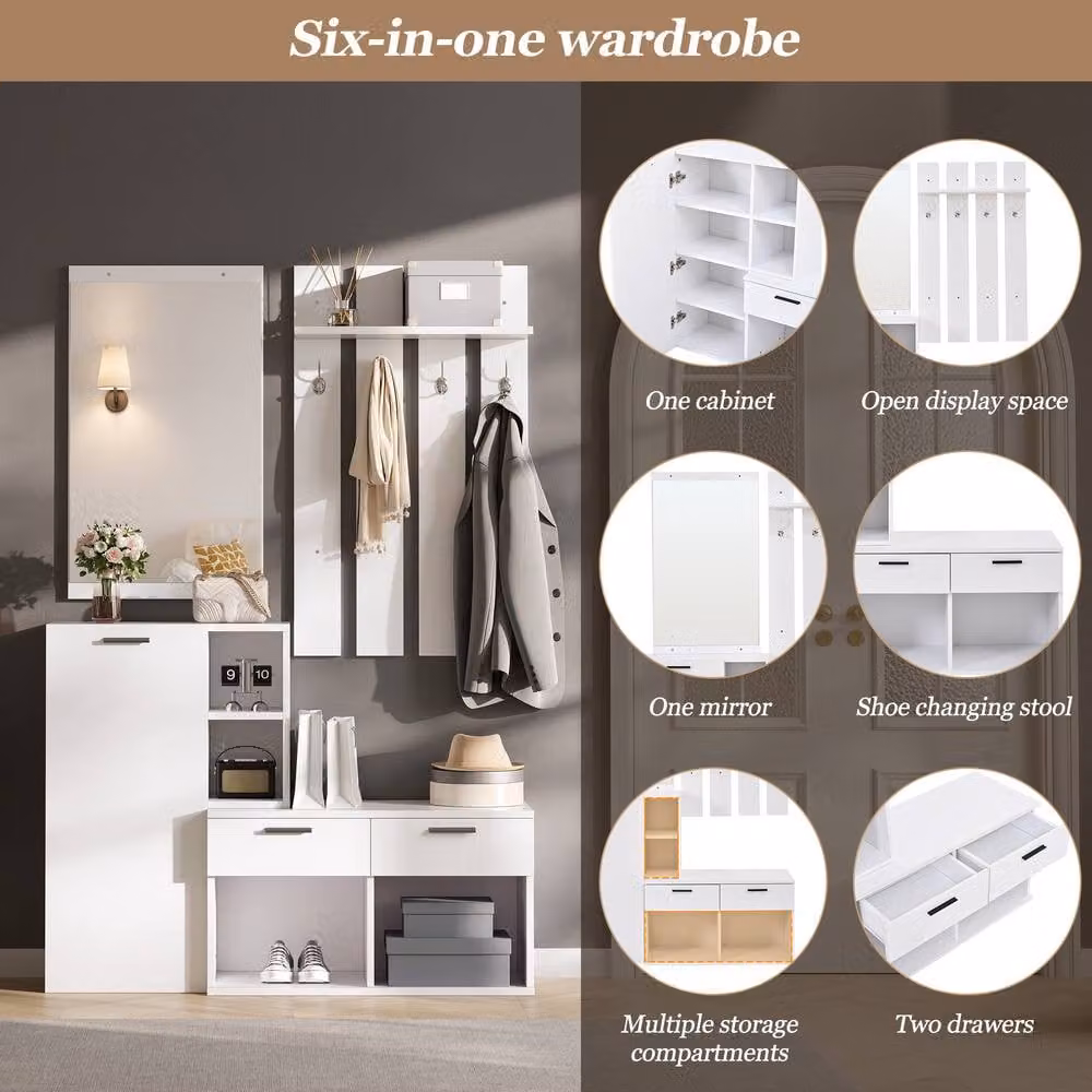 Merax Modern White Hallway Furniture Set with Mirror and Shoe Cabinet, H 175.5 x W 120 x D 35 cm – 3