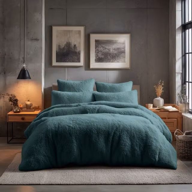 Home Sweet Home UK Teddy Bear Fleece Double Bedding Set with Duvet Cover and Pillowcases in Petrol Blue – 1