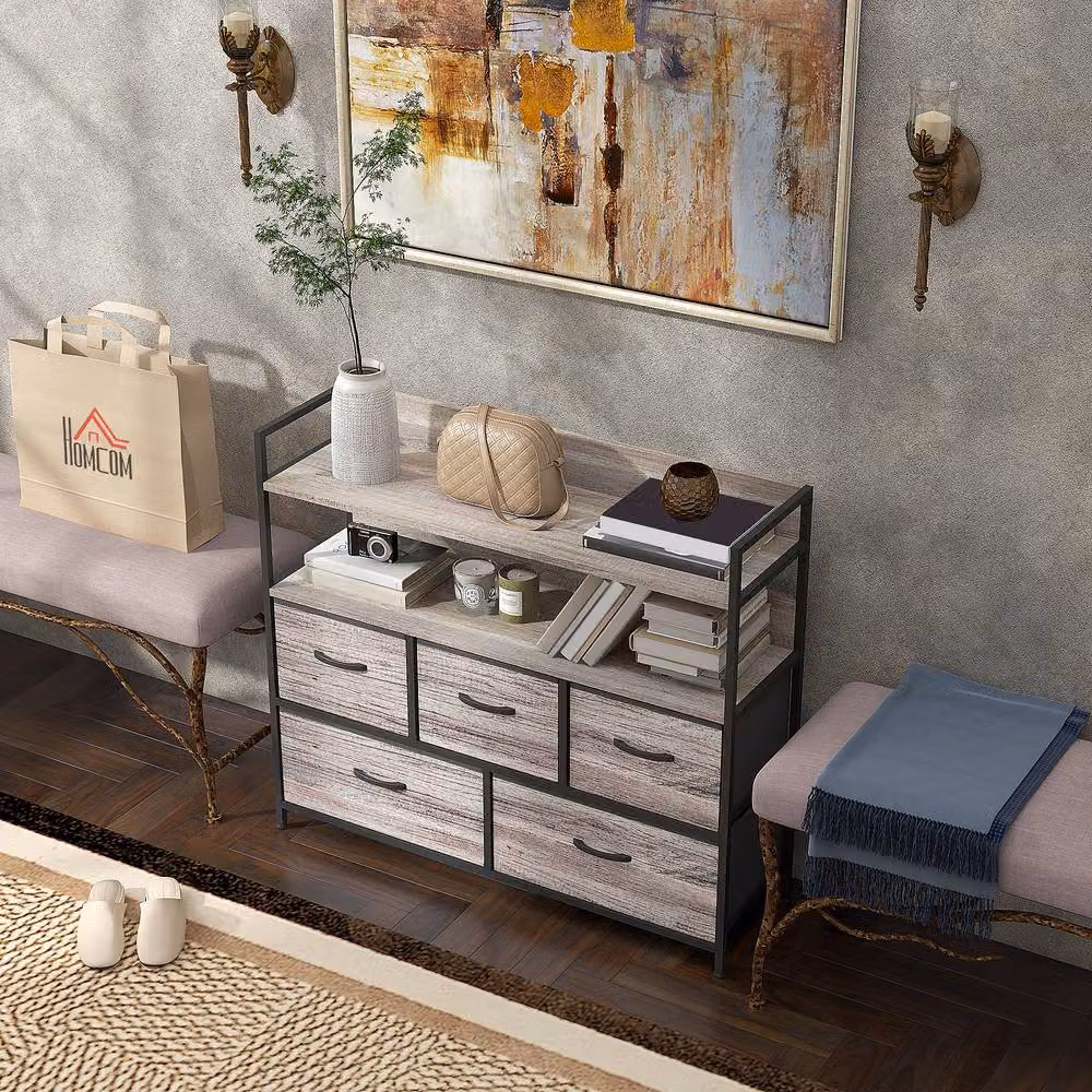ERGOVEXA Rustic Chest of Five Fabric Drawers in Grey Wood Effect – 5