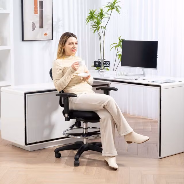HOMCOM Black Fabric Drafting Chair with Adjustable Armrests and 360 Degree Swivel for Home Office and Standing Desks