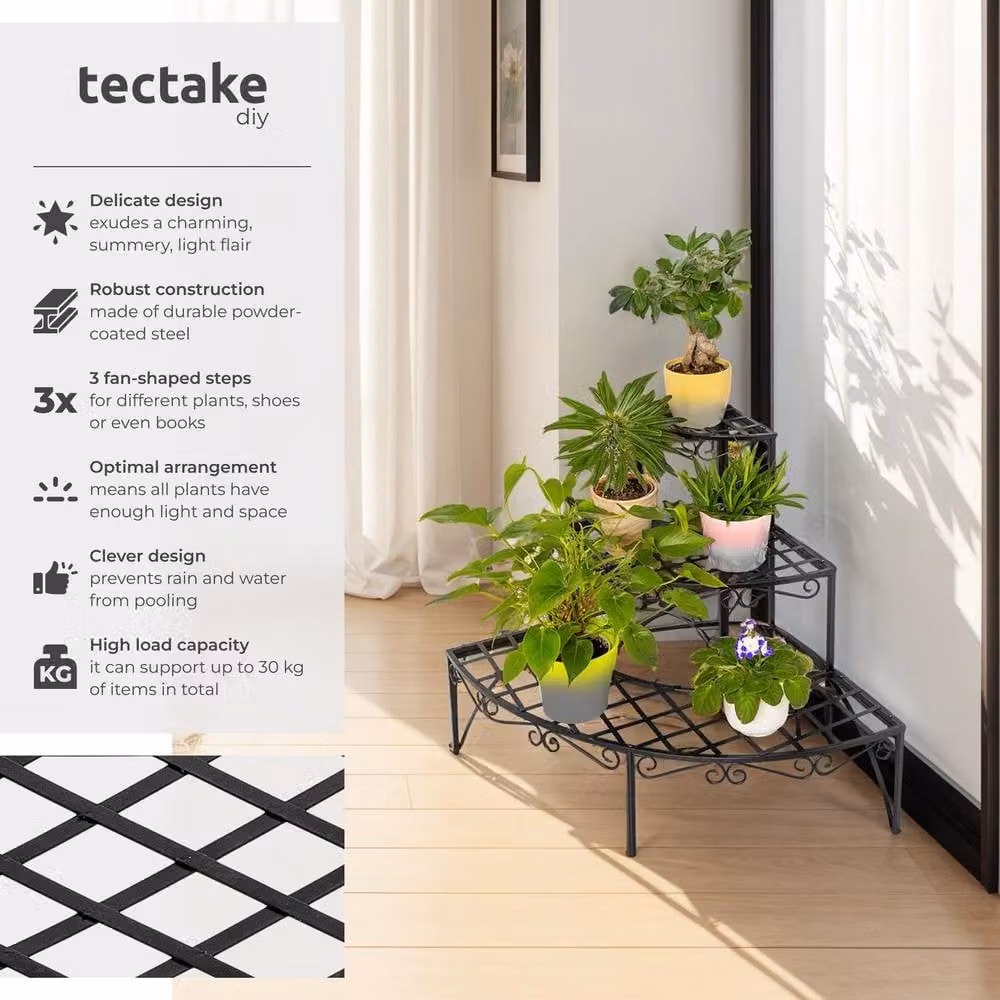 tectake Aileen 3-Tier Corner Plant Stand in Matt Black Metal with Fan-Shaped Design, W/D/H: 60.0 x 60.0 x 60.0 cm – 2
