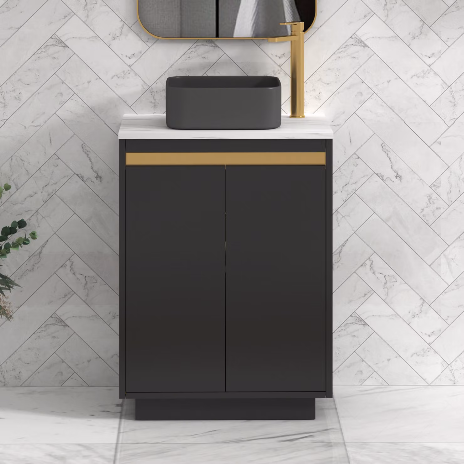 Royal Bathrooms Orion 800mm Matt Obsidian Black Floor Standing Countertop Vanity Unit with Art Square Basin and Brushed Brass Accent Trim