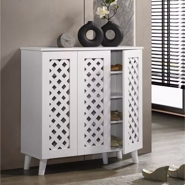 Timber Art Design Modern White 3 Door Shoe Cabinet with Open Shelf and Internal Shelves, W/D/H: 90 x 30 x 80 cm