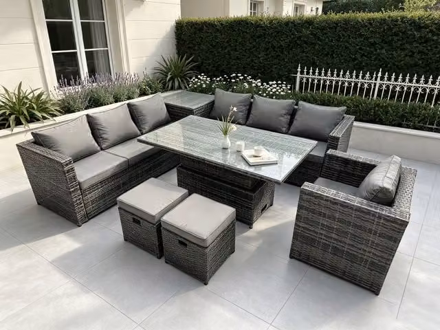 Fimous 9 Seater PE Rattan Corner Sofa Set with Height Adjustable Dining Table and Coffee Table in Dark Grey – 1