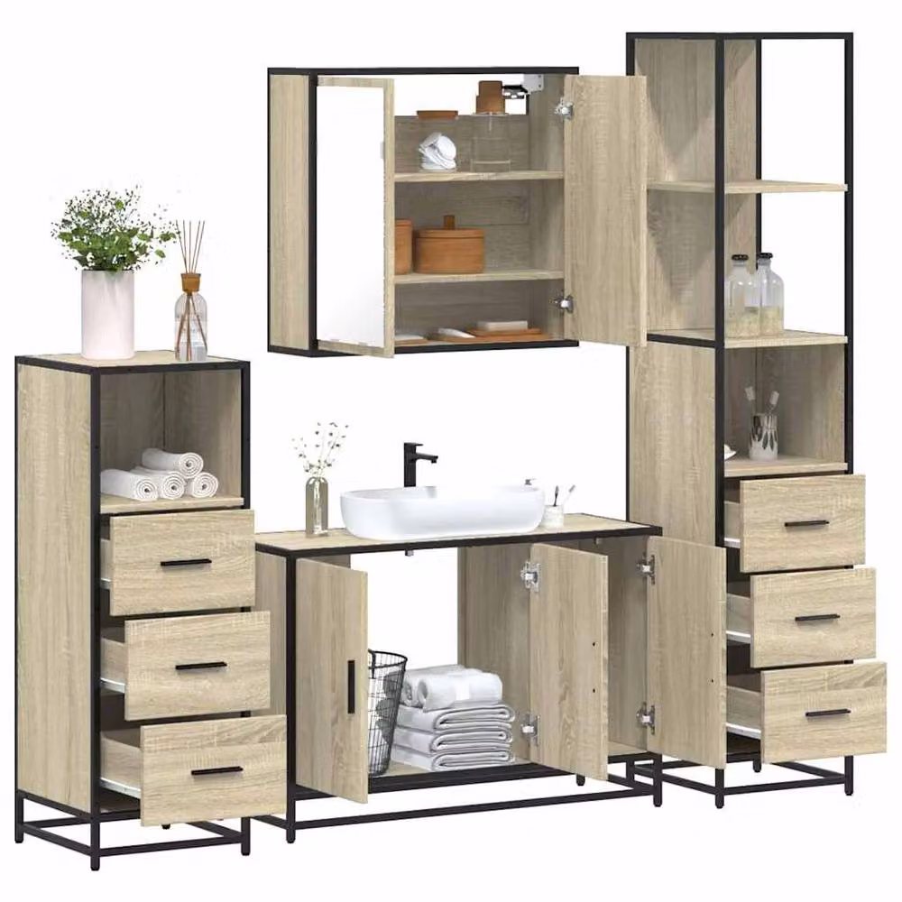 Berkfield Home 4-Piece Industrial Bathroom Furniture Set in Sonoma Oak and Light Tan – 2