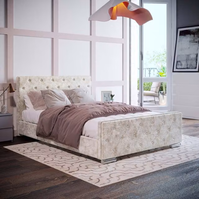 Vida Designs Modern Upholstered Velvet Fabric Bed in Beige