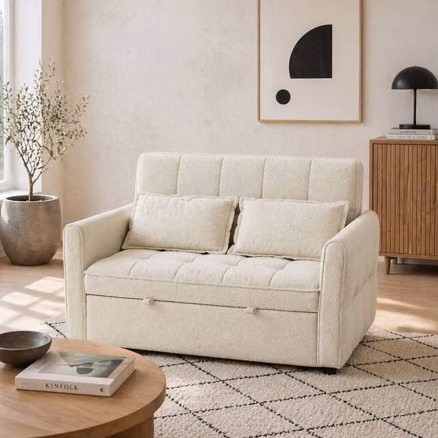 Wyld Haus Noel 3 in 1 Two Seater Sofa Bed in Beige Velvet Fabric with Adjustable Back, Pull Out Drawer and Scatter Cushions, W/D/H: 124.5 x 86.5 x 88 cm