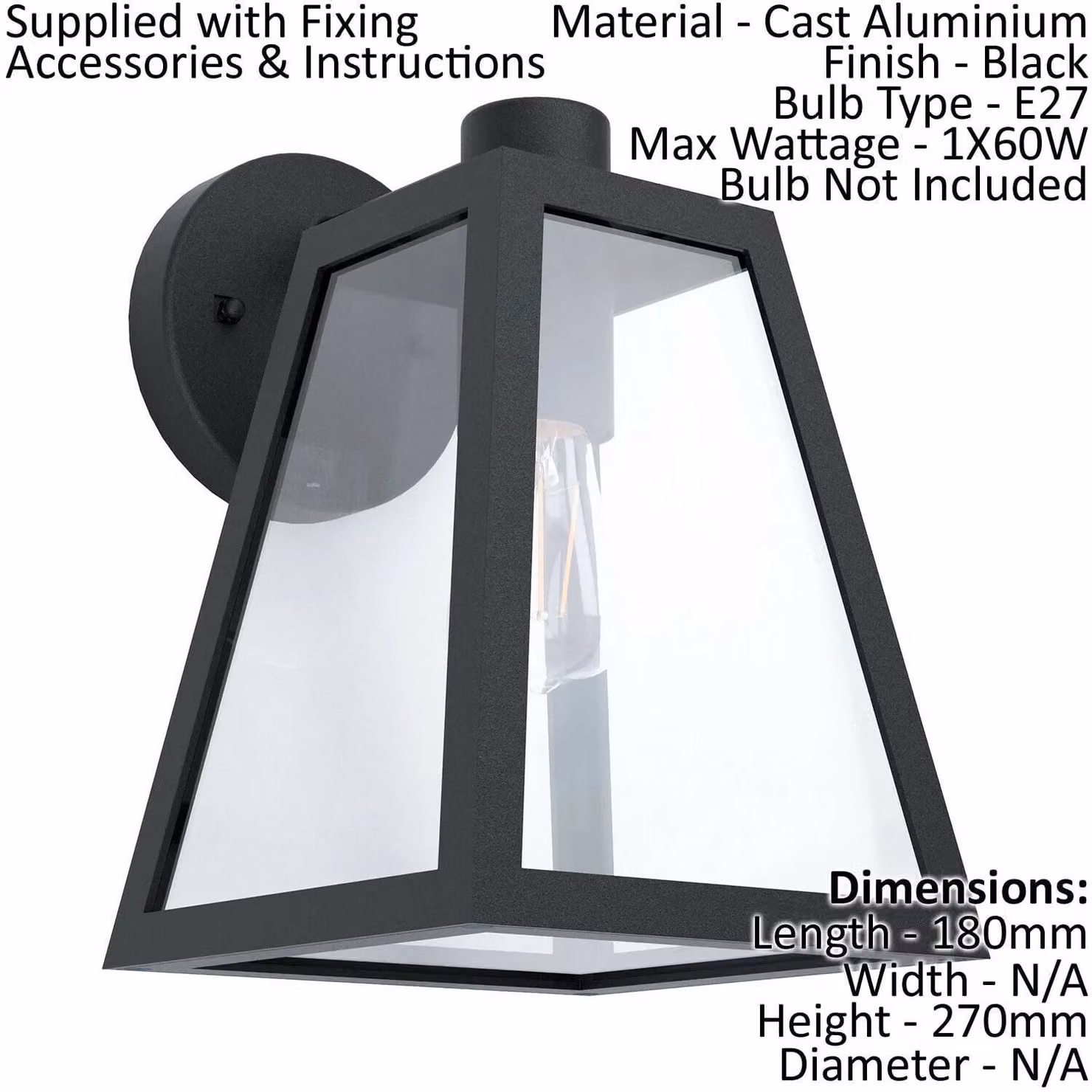Loops Black Trapeze IP44 Outdoor Wall Lantern in Aluminium with Transparent Glass and E27 Bulb Holder – 2