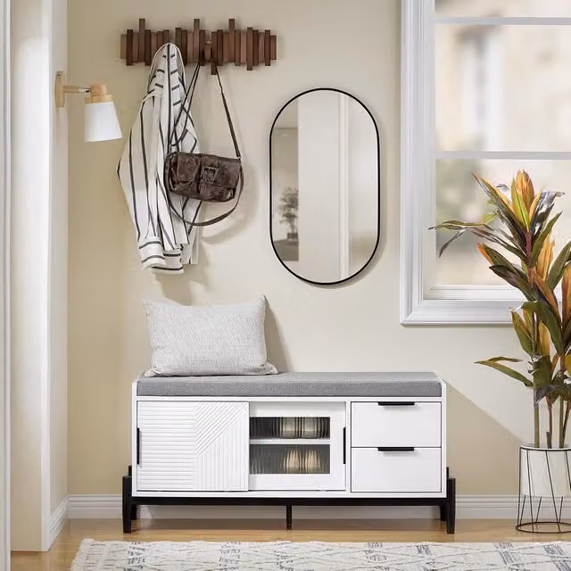 SoBuy Modern White Shoe Bench with Drawers and Glass Door