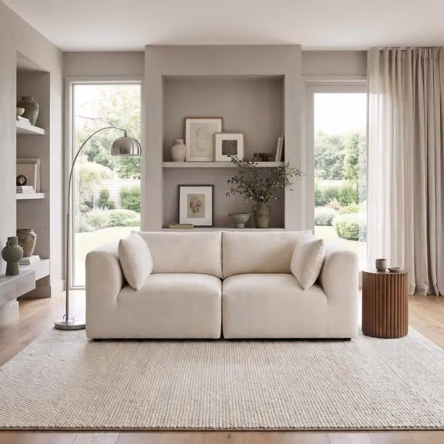 Furniturebox UK Drift 2 Seater Modular Sofa in Cream Boucle Fabric with Solid Wood Frame