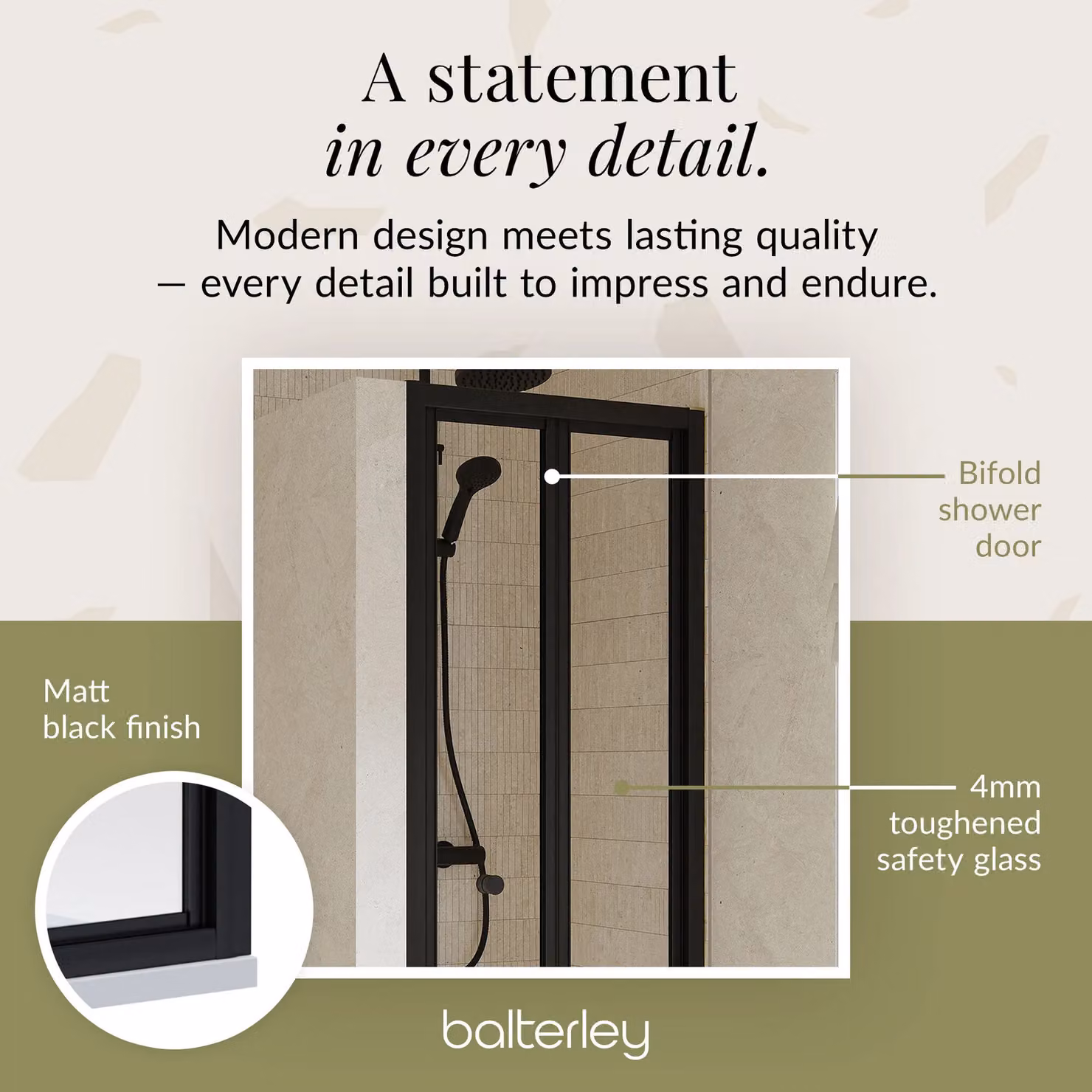 Balterley 4mm Toughened Safety Glass Bi-Fold Shower Door, Black, W: 80 cm, H: 190 cm – 4