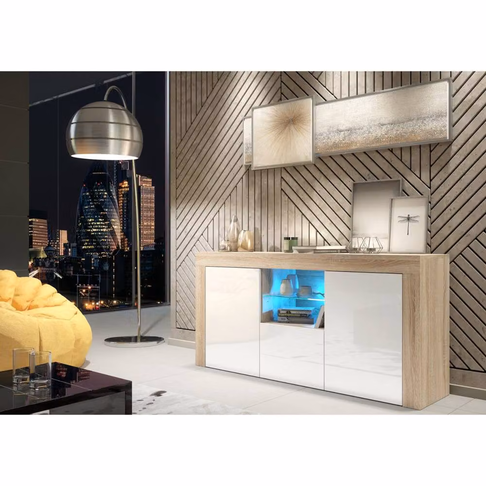 Mex Furniture LTD Aurora Sideboard in Oak and White Gloss with Integrated LED Lighting, W: 145 cm, H: 70 cm, D: 35 cm – 2