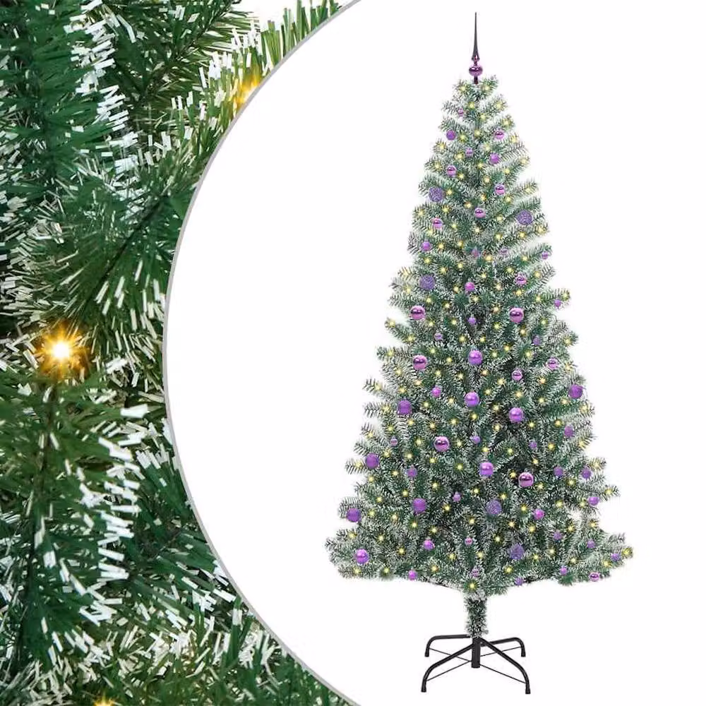 Berkfield Home Snow Flocked Artificial Christmas Tree with LED Lights, Green and White, Height: 240 cm – 3