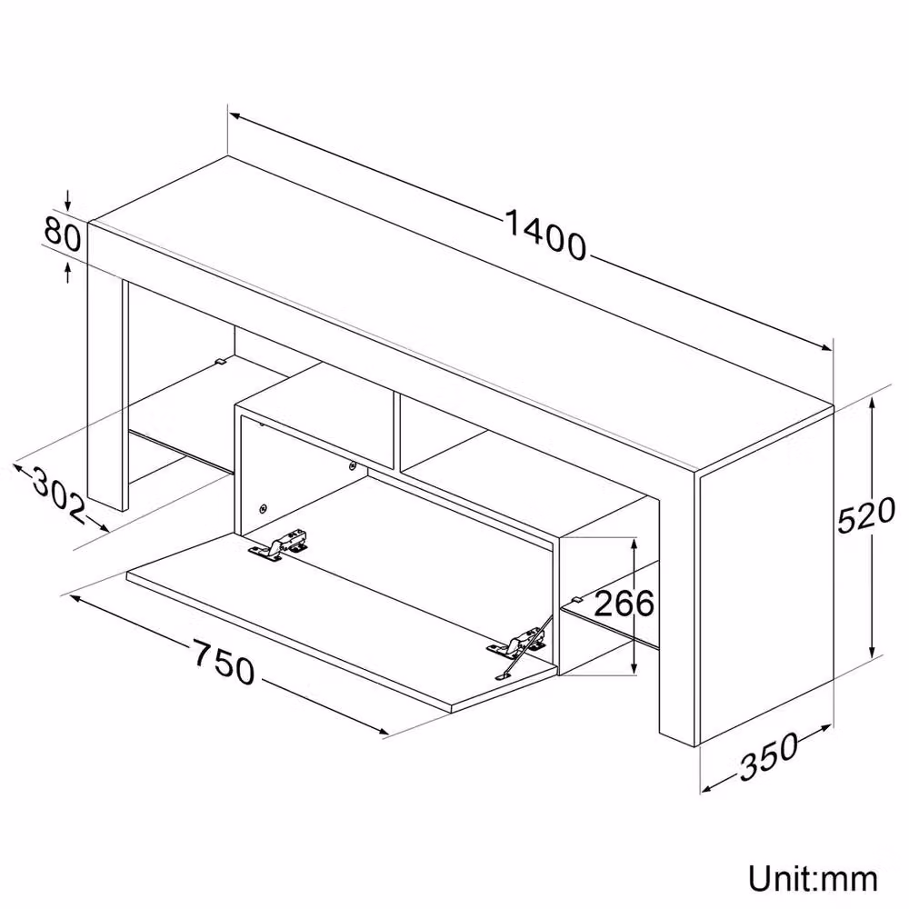 ERGOVEXA Modern Black Glossy LED TV Stand Cabinet with Integrated Lighting, W: 140 cm, H: 52 cm, D: 35 cm – 2