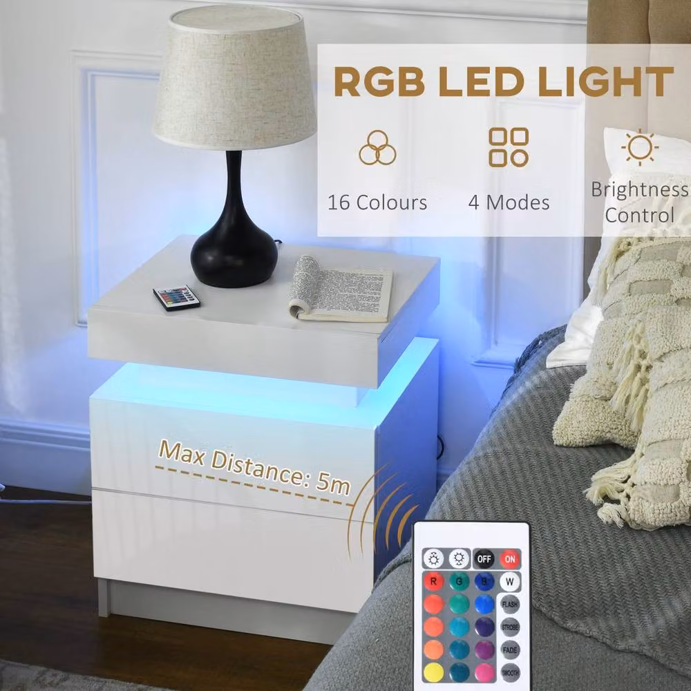 Wyld Haus Rema High Gloss White Bedside Table with 2 Drawers and Integrated LED Lighting W/D/H: 35 x 45 x 52 cm – 3