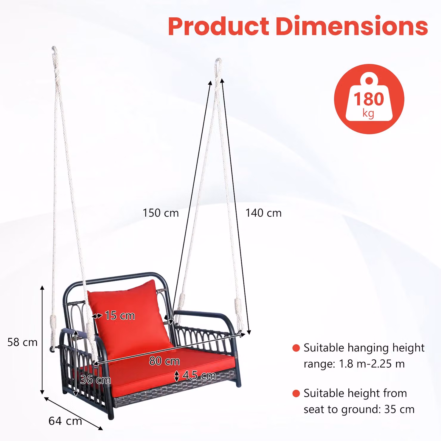 Costway Red Rattan Woven Hanging Porch Swing Rocking Chair with Cushion and Rope – 5